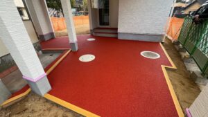 ゴムチップ舗装　ｺﾞﾑﾁｯﾌﾟ　ゴムチップ　保育施設　保育園　幼稚園　ゴムチップ舗装標準タイプ　標準タイプ　安心　安全　保護　環境整備　岡山県　倉敷市